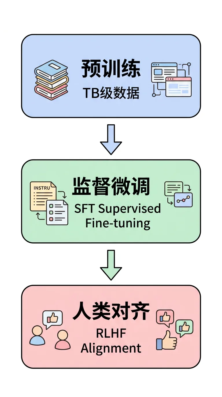 大模型训练流程:预训练 → 监督微调 → 人类对齐