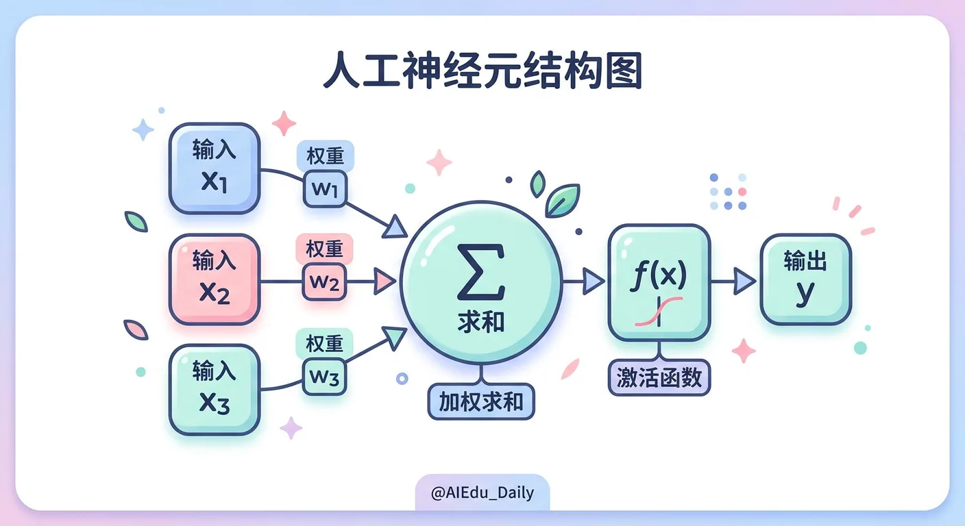 人工神经元结构：输入、权重、激活函数、输出